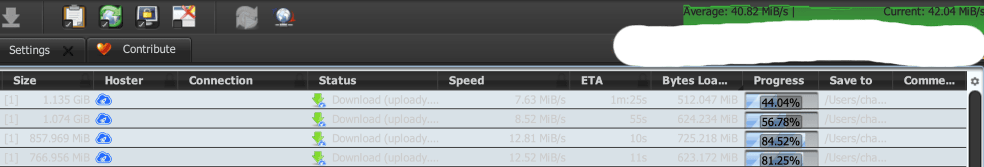 Uploady Premium JDownloader speed test showing over 40 MiB/s average speed
